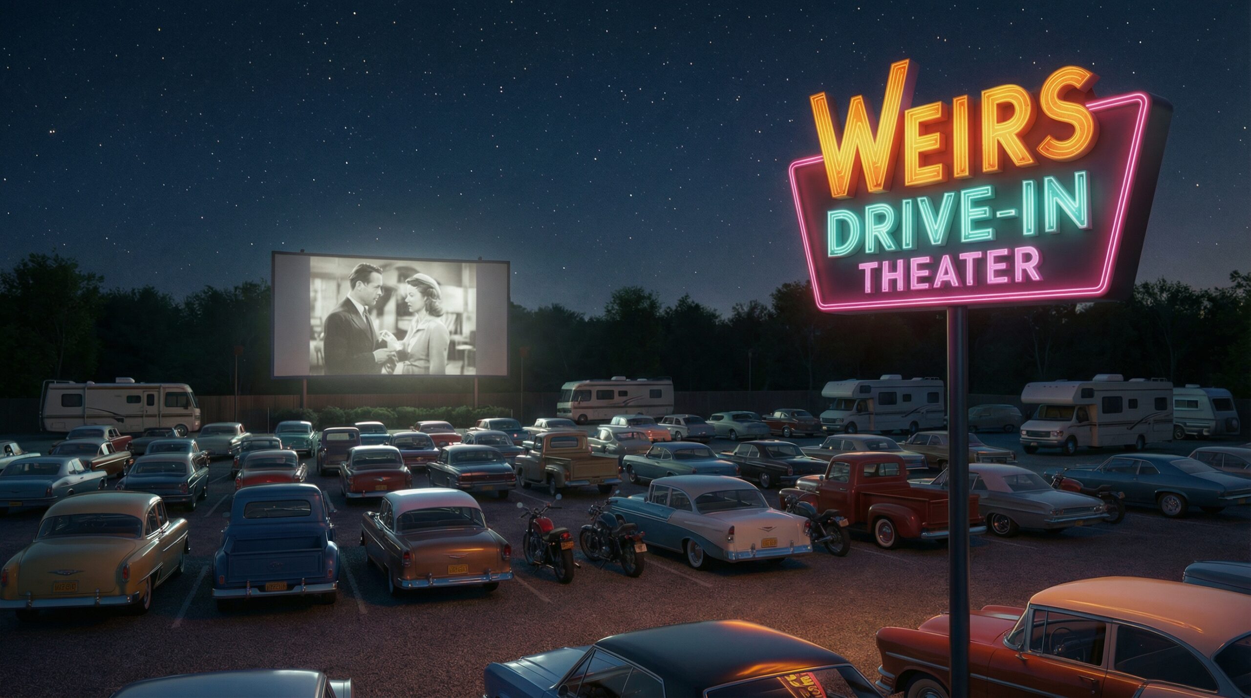 Weirs Drive-In Theater at night